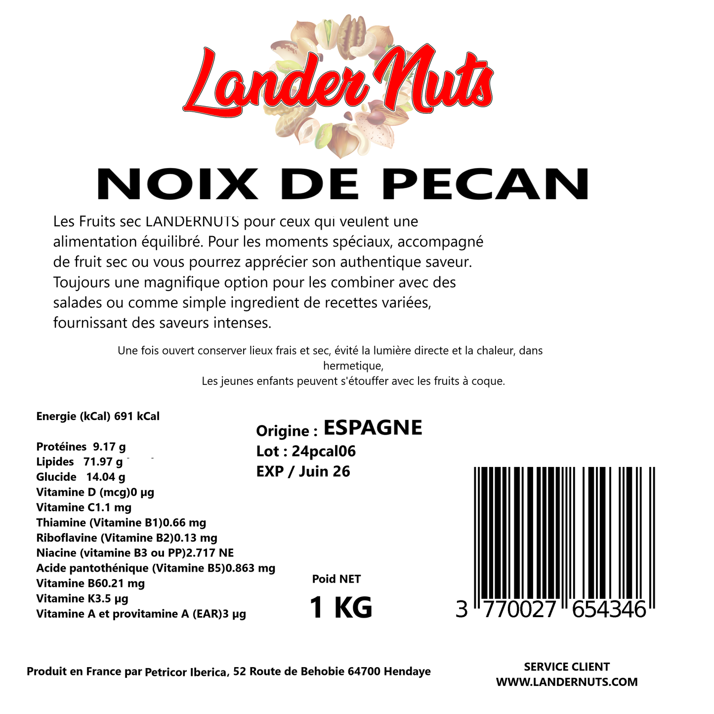 Noix de pécan 100 % Nature Origine Espagne Landernuts 1 kg