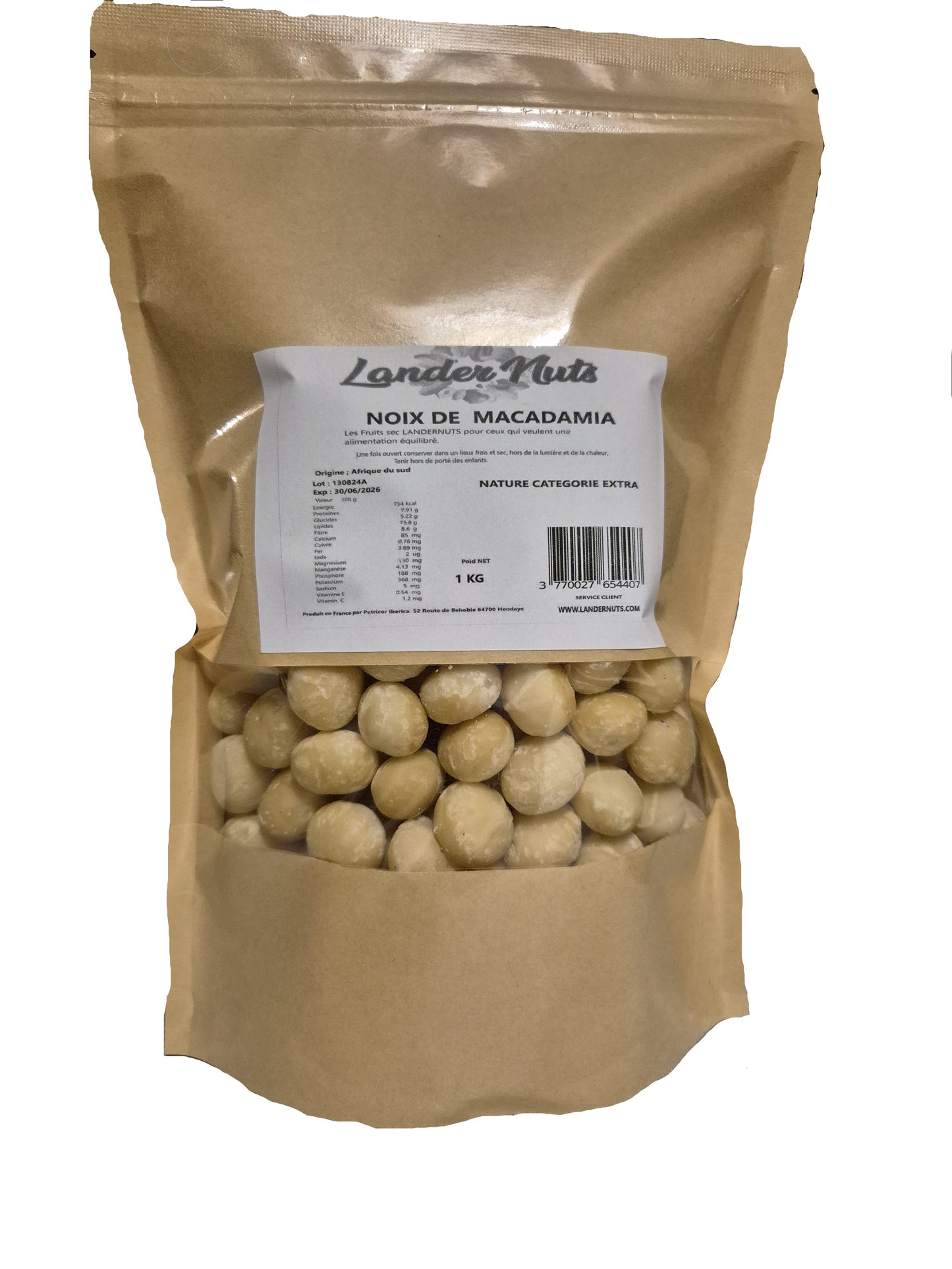 Noix de Macadamia entières Categorie Extra 100% nature Landernuts 1KG