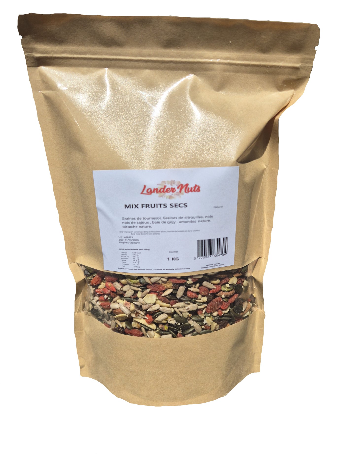 Mélange de noix | Fruits secs Mix | 100% Nature |fruit sec Landernuts 1 KG noix, noix de cajoux, baie de gojy, amandes nature, pistache nature, Grain