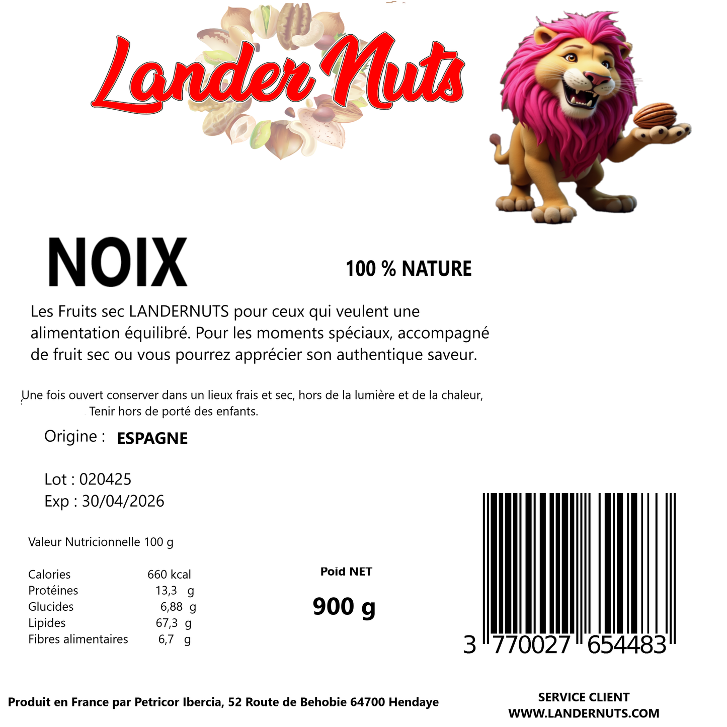 Noix décortiquées 100 % Nature 900 grammes Origine Espagne Landernuts