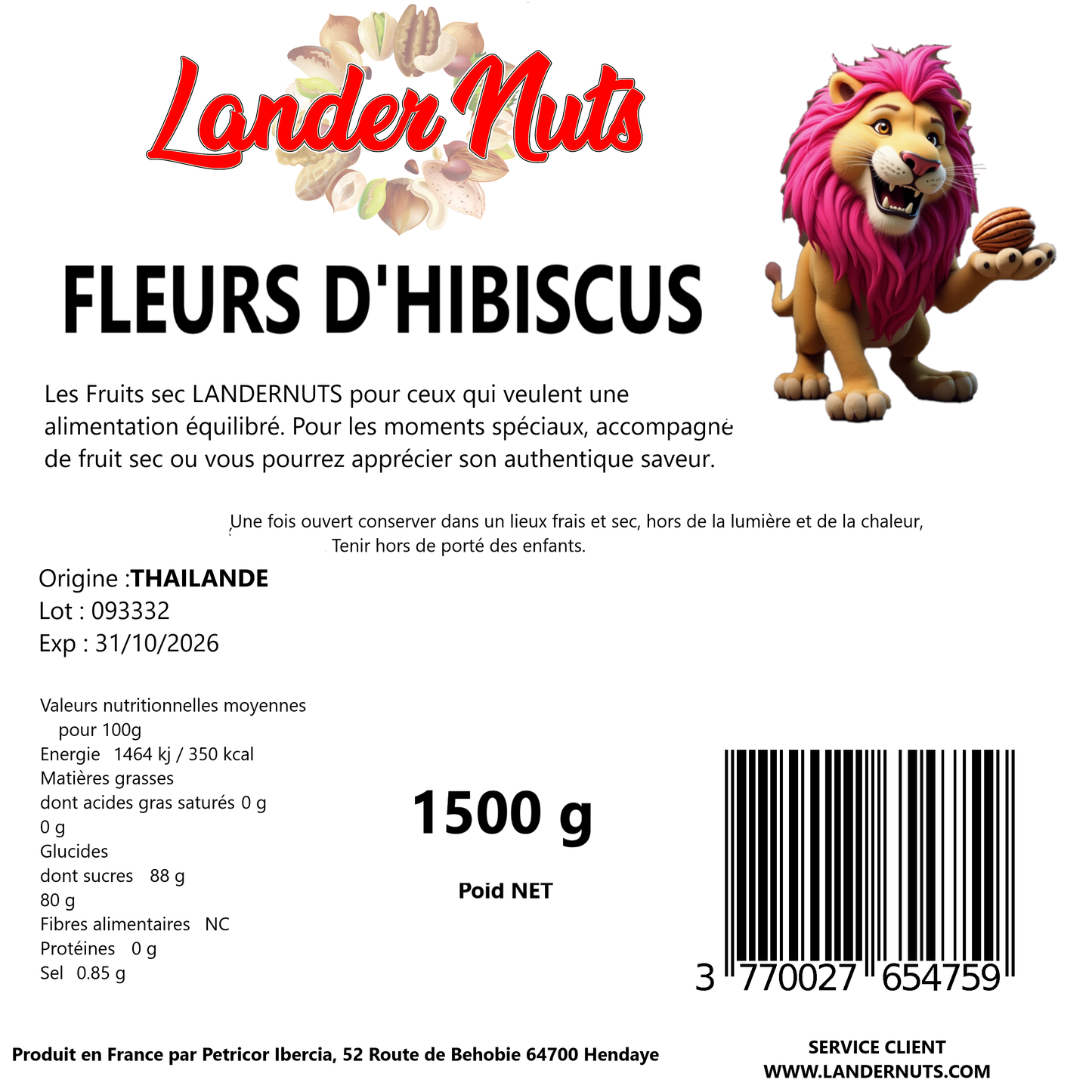 Fleurs d'hibiscus déshydratés (semi-confit) couleur naturelle ROSE 1.5 KG LANDERNUTS