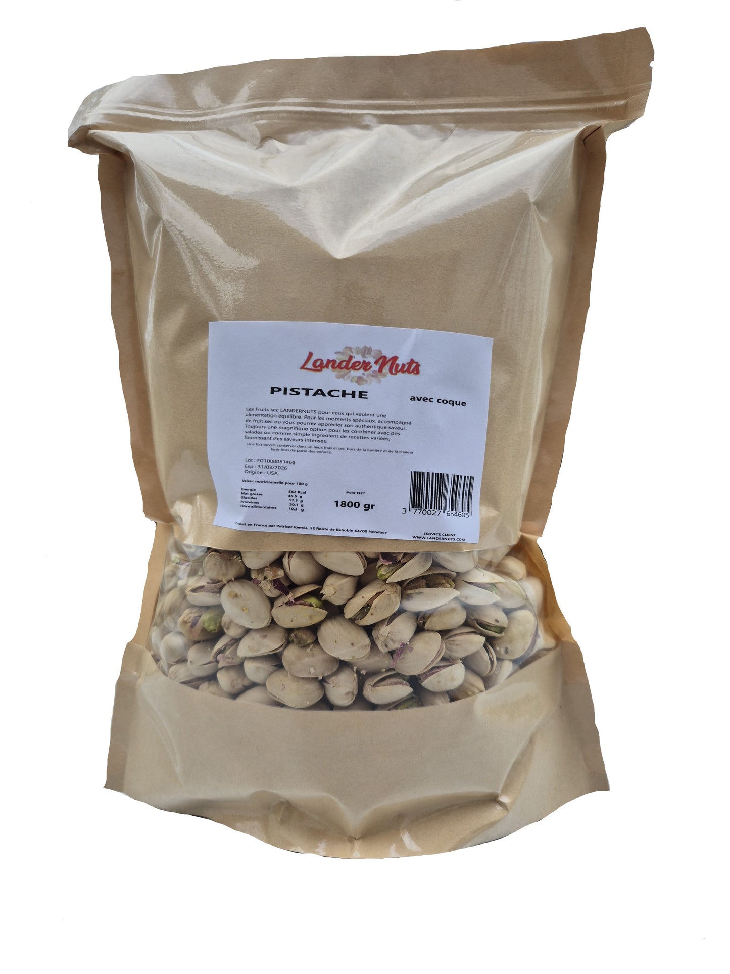 Pistache Extra avec coque Extra Non salée 1.8 Kg ✓ 100% Nature, Landernuts